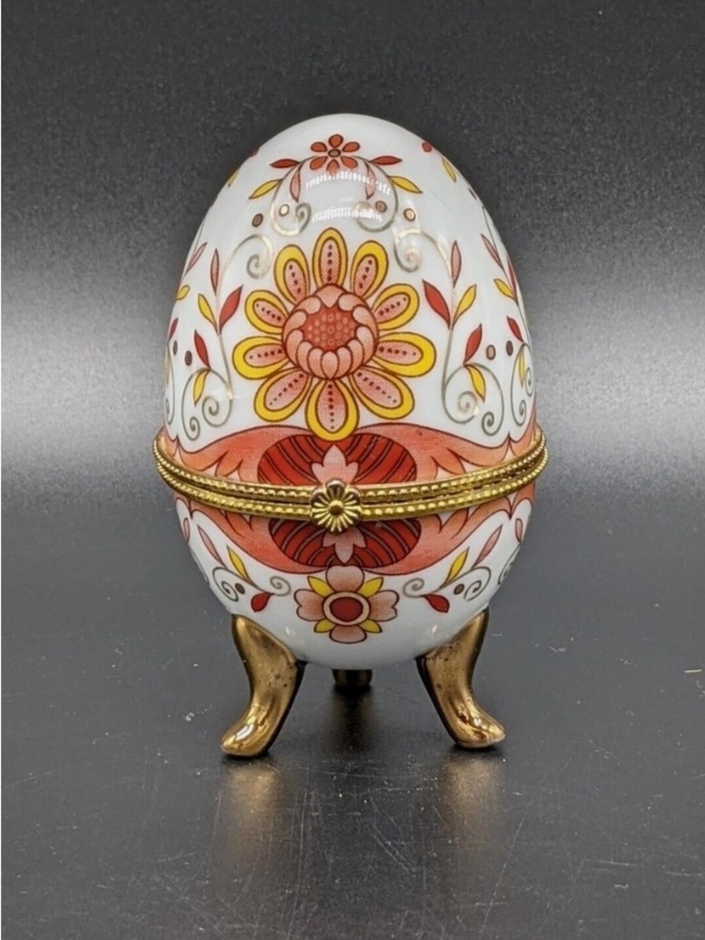 Vintage Hand-Painted Floral Porcelain Egg Trinket Box with Gold Accents